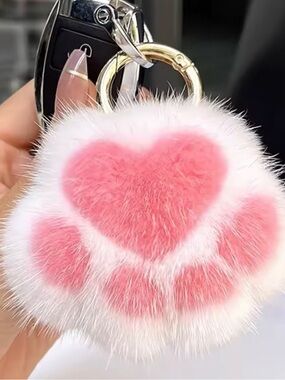Pink Heart kitten Paw Faux-Fur Keychain Bag Charm